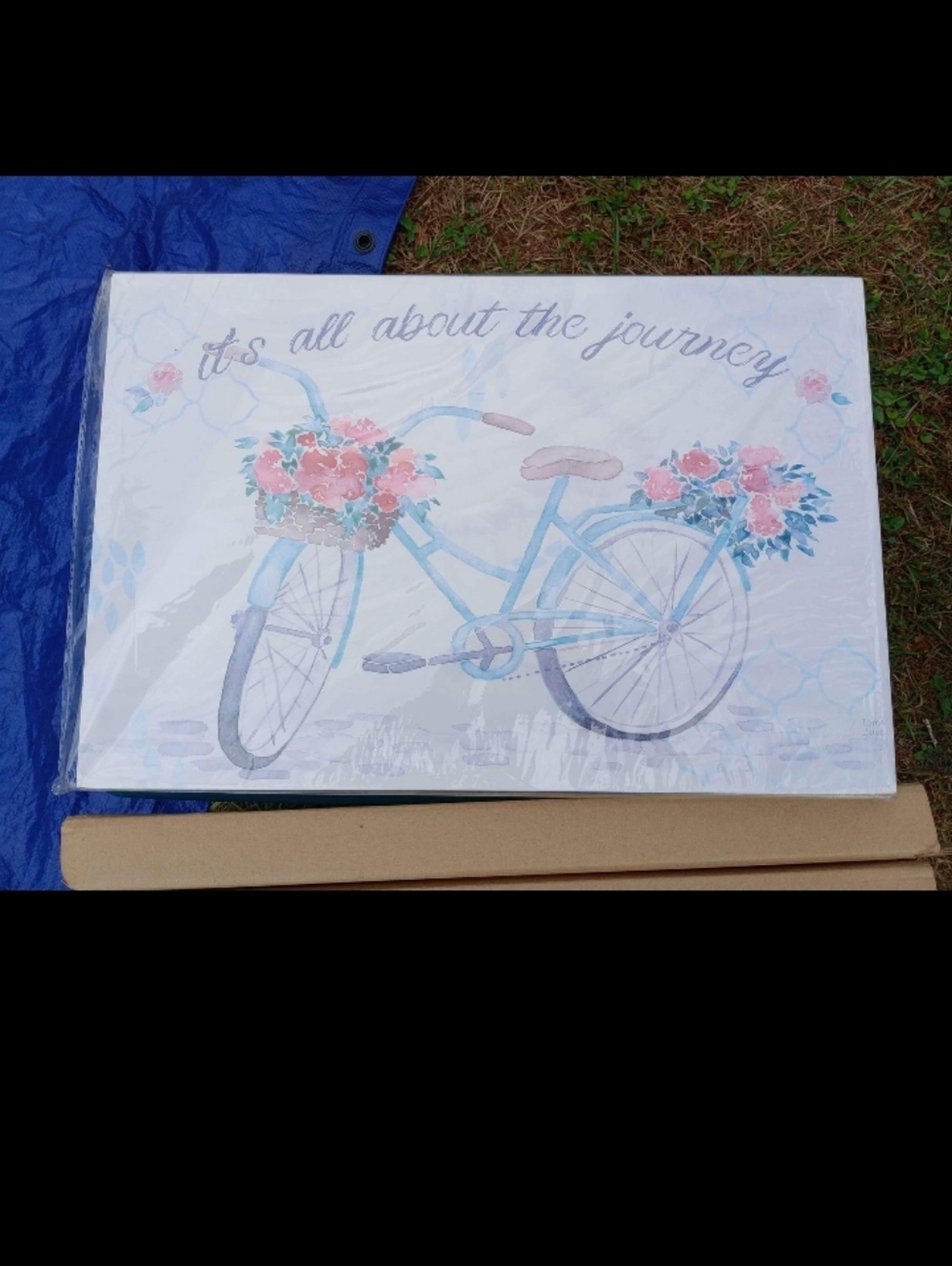 "It's All About the Journey" Bicycle Wall Art - Blue with Pink Floral Accents